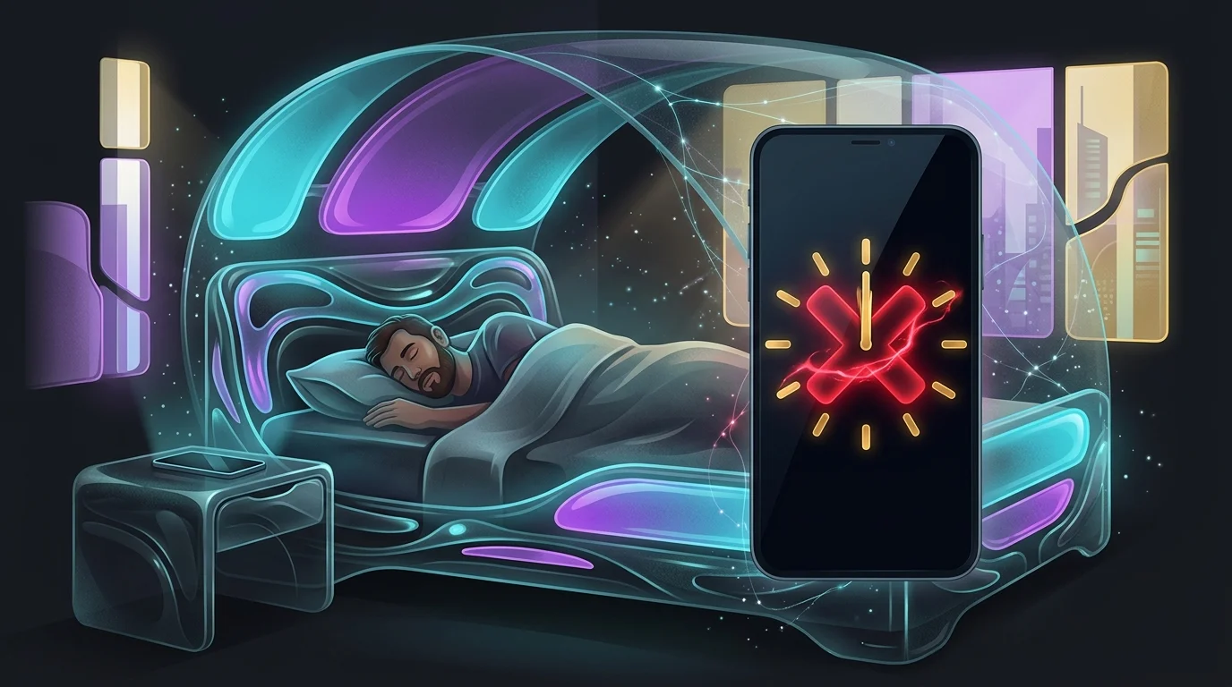 Smartphone showing an error icon for a shift worker sleeping in a sunlit room, highlighting AI sleep app limitations.
