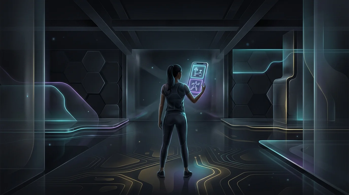 Person comparing AI workout app interfaces on a smartphone in an empty room for home fitness.