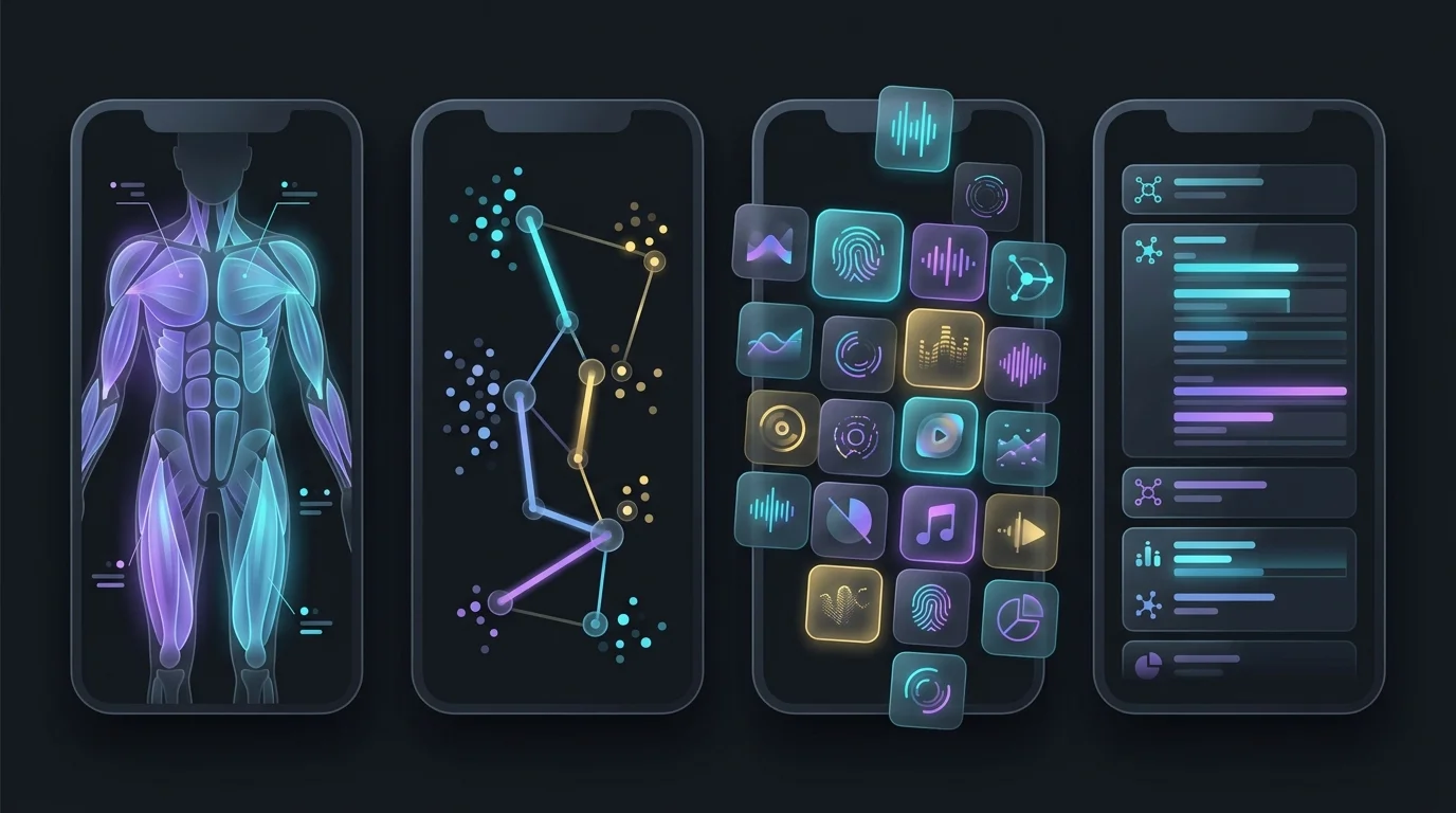 Smartphone screens showing diverse AI workout data visualizations for personalized home fitness apps.