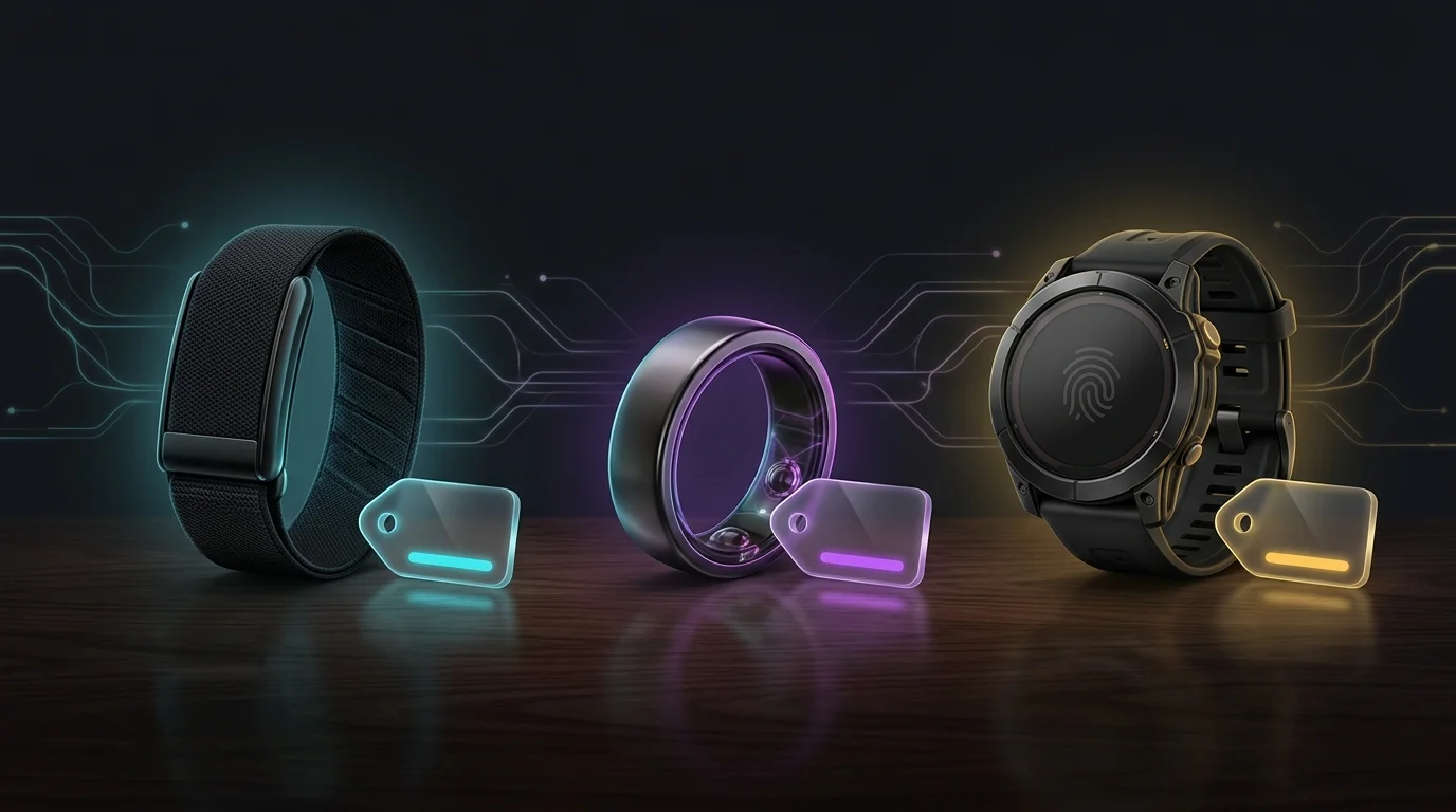 Whoop, Oura Ring, and Garmin watch displayed with price tags to compare wearable subscription and purchase models.