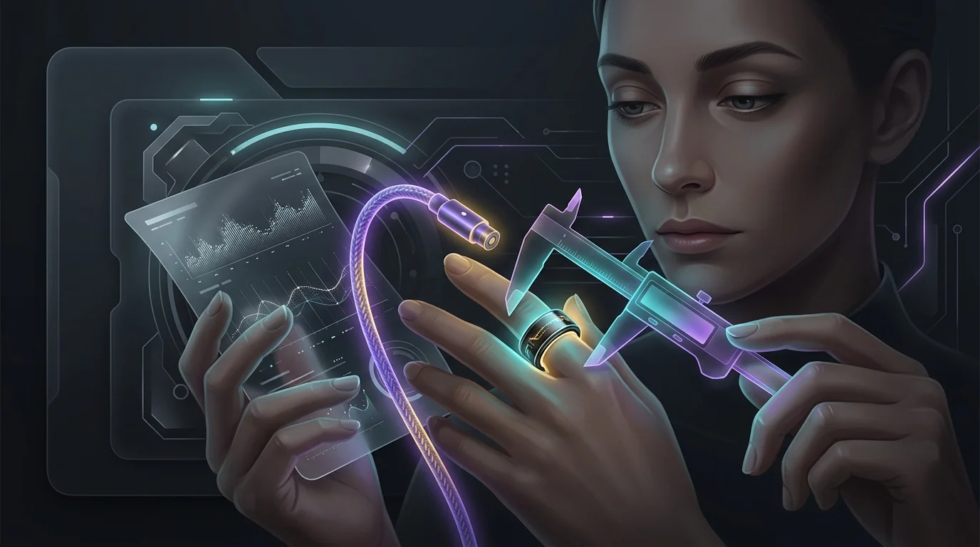 Person evaluating Oura Ring fit and health tracking limitations alongside a medical chart and charging cable.