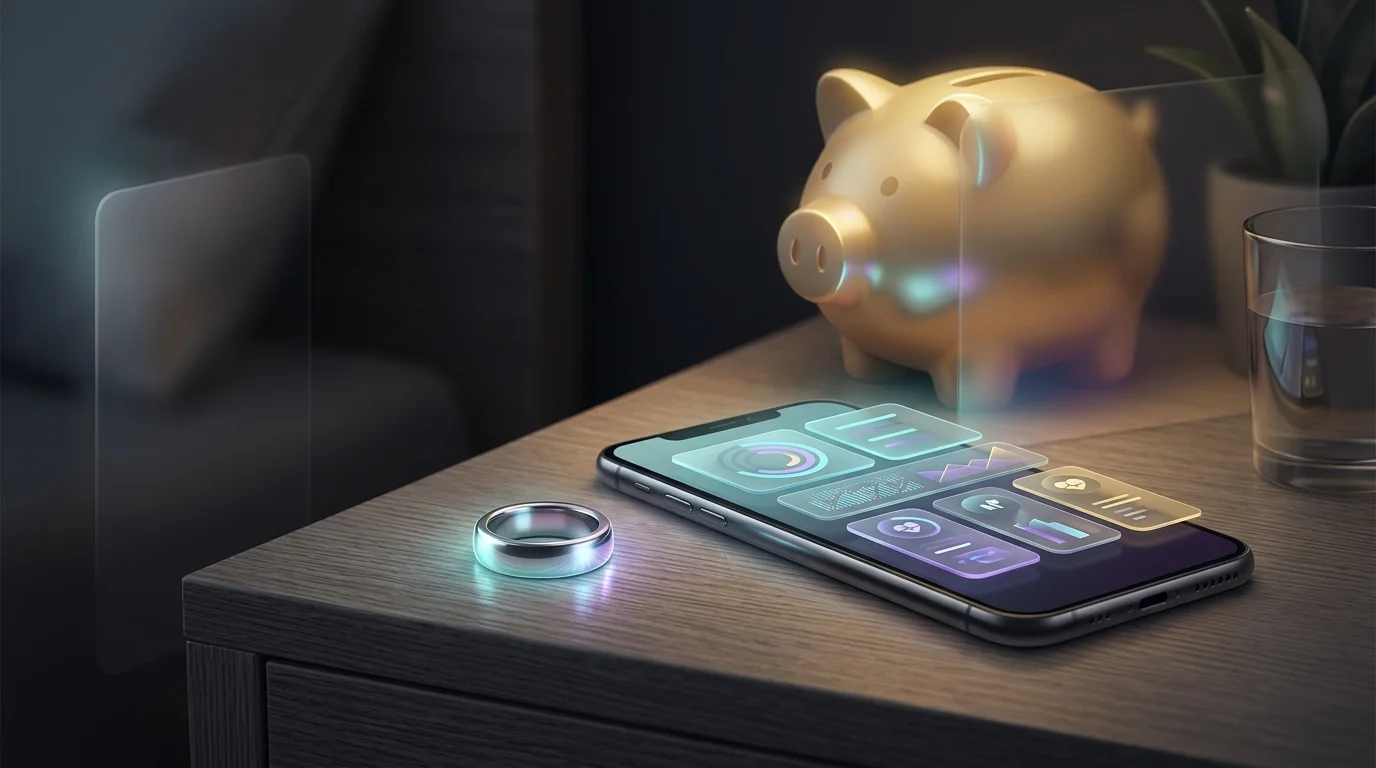 Samsung Galaxy Ring on a nightstand beside a health dashboard and piggy bank to represent subscription-free tracking.