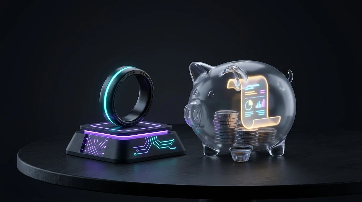 Oura Ring on a table next to a piggy bank and monthly subscription bill representing recurring hardware costs.
