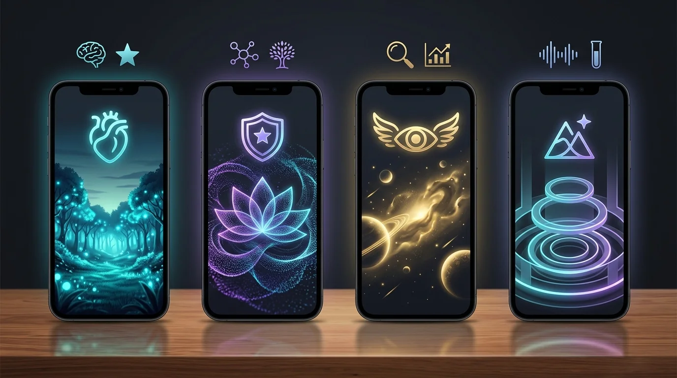 Four smartphone screens comparing meditation app interfaces and subscription pricing for Calm and competitors.