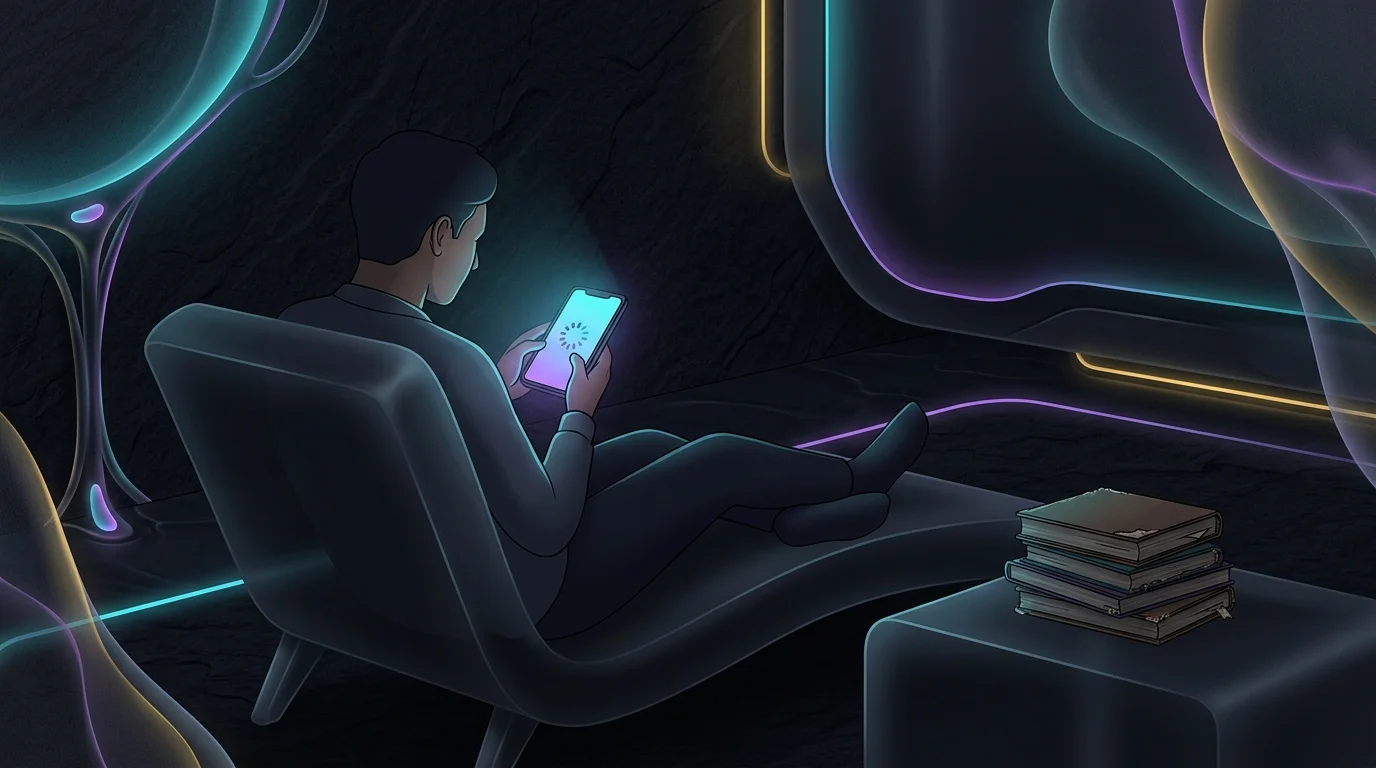 Person staring at a loading screen with a pile of worn books, highlighting content fatigue in Calm Premium.