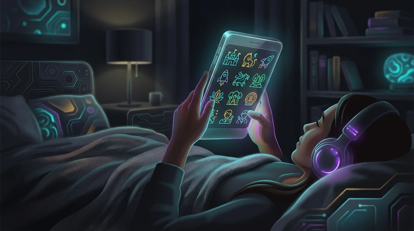 Person relaxing in bed with headphones, browsing the Calm Premium sleep story library on their smartphone.