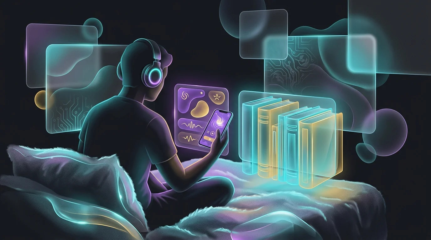 Person sitting on a bed at night using Calm Premium sleep audio on their phone before bed.