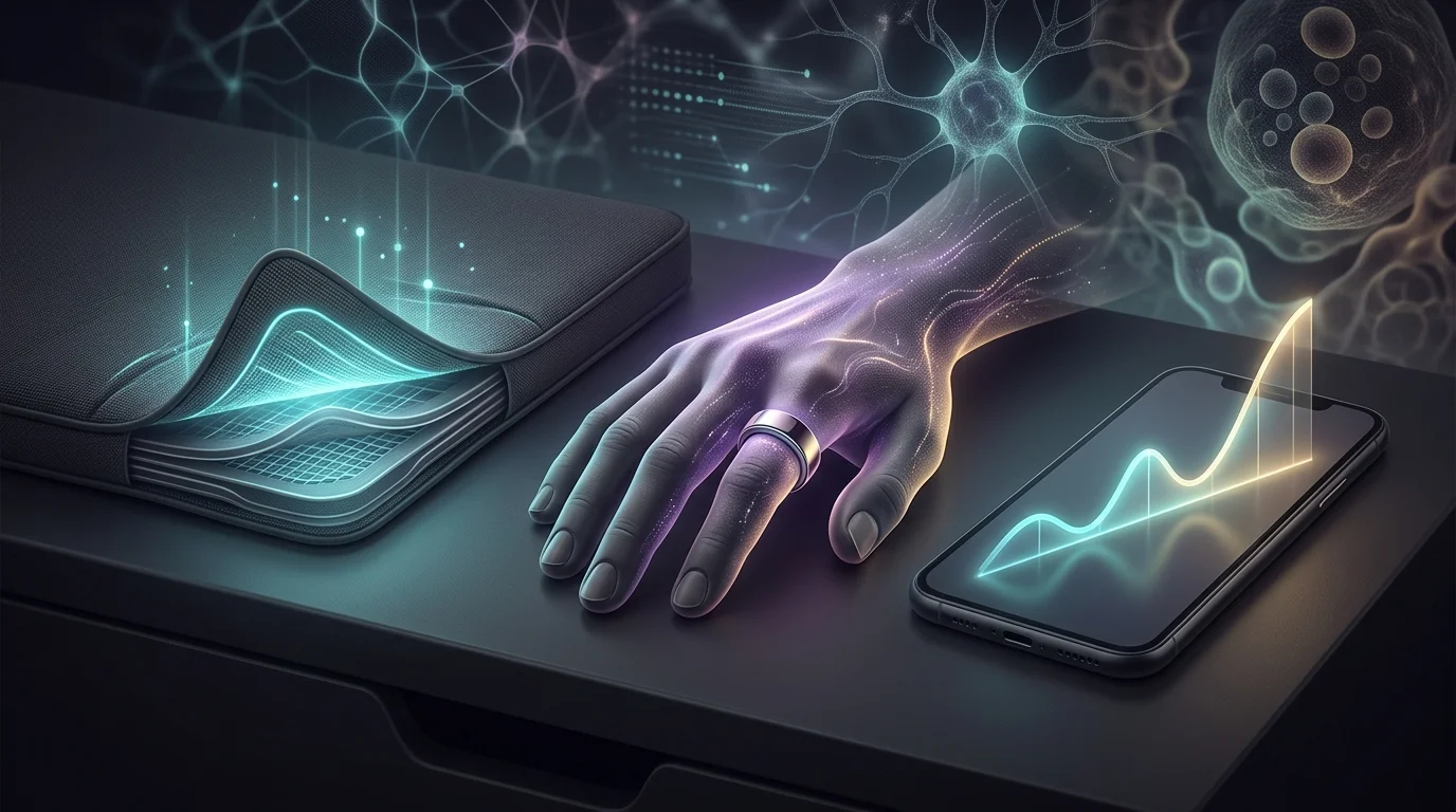 Eight Sleep mattress cover, Oura Ring, and Sleep Cycle app interface side-by-side to illustrate sleep tracking tech.