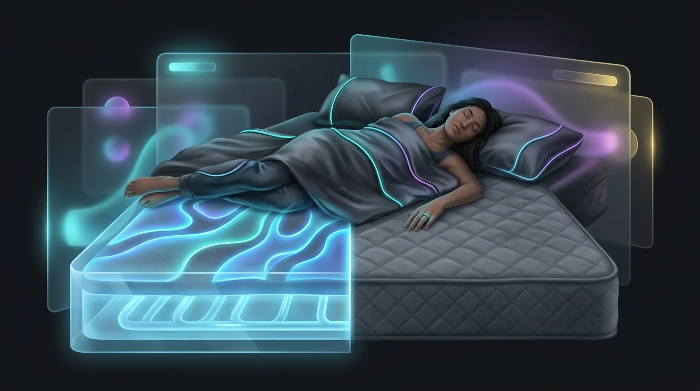 Split mattress showing Eight Sleep dual-zone cooling technology for personalized temperature control.