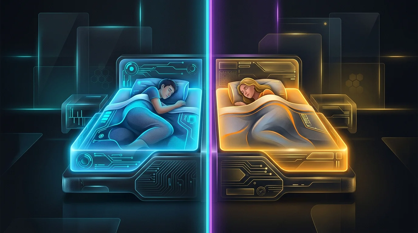 Split-screen bed showing dual temperature zones for personalized Eight Sleep Pod cooling and heating.