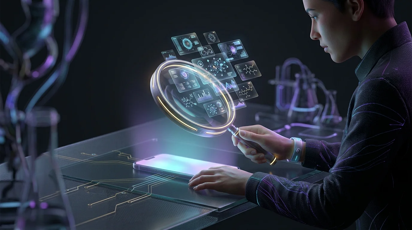 Person using a magnifying glass to inspect data on an AI mental health app for research-backed evidence.