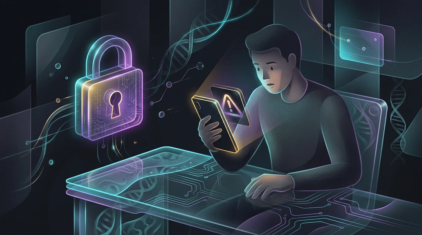 Person looking at a smartphone displaying a warning icon and privacy padlock in an AI mental health app.