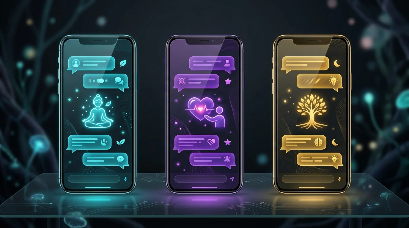 Three smartphones displaying Wysa, Woebot, and Youper chat interfaces for AI mental health app support.