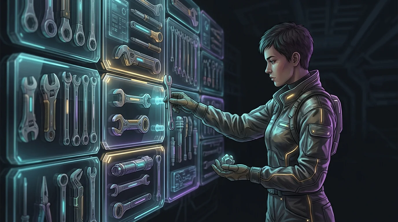 Person selecting a specific tool from a wall, illustrating how to choose the right AI symptom checker for your needs.