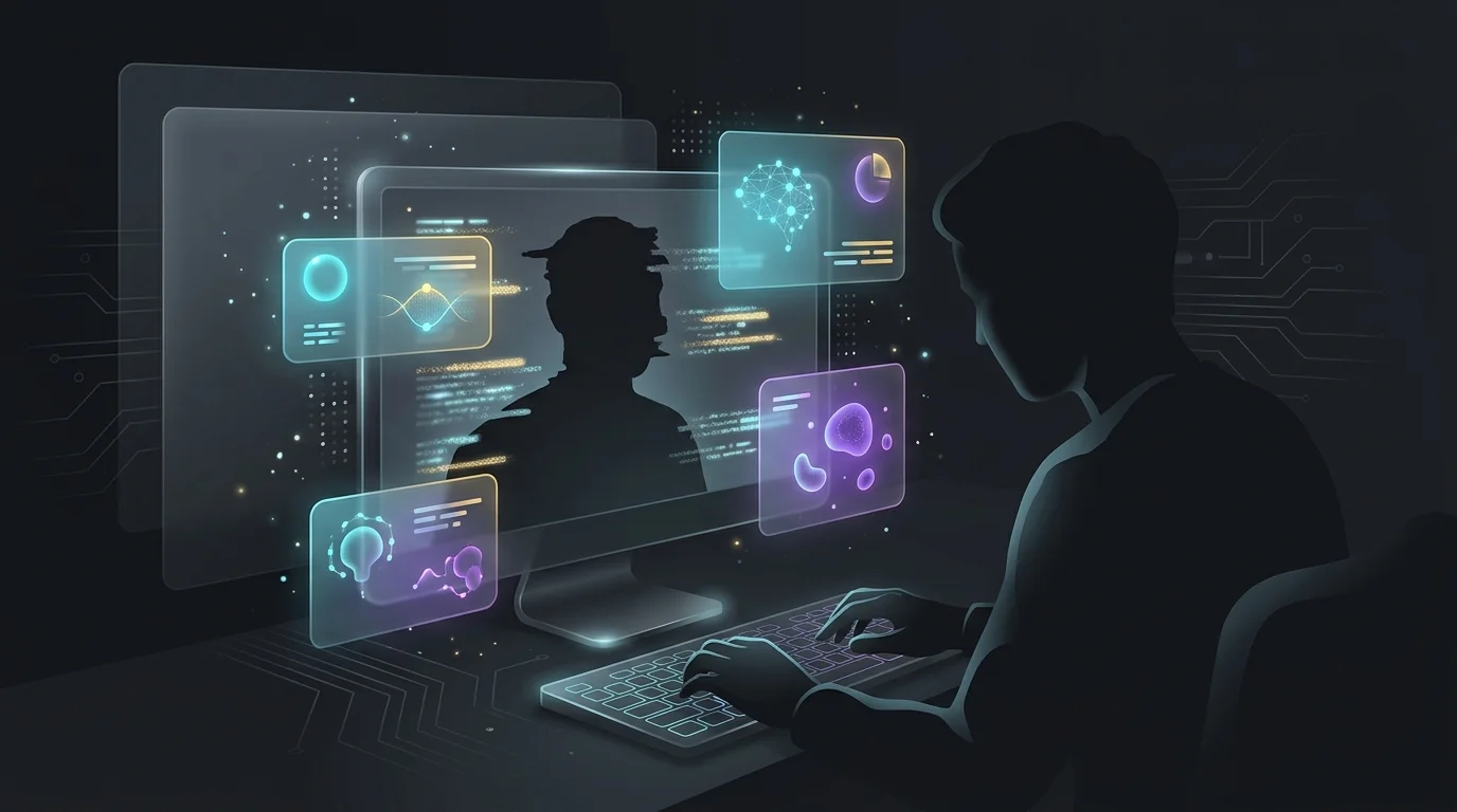 Person typing symptoms into an AI tool as a distorted shadow reflects the limitations of inaccurate self-reporting.