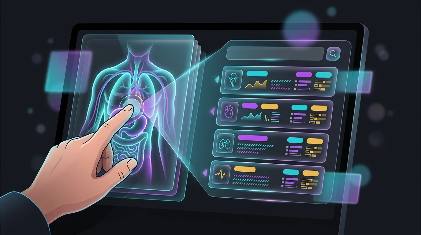 Hand selecting a body region on the WebMD symptom checker to view a list of AI-driven medical condition results.