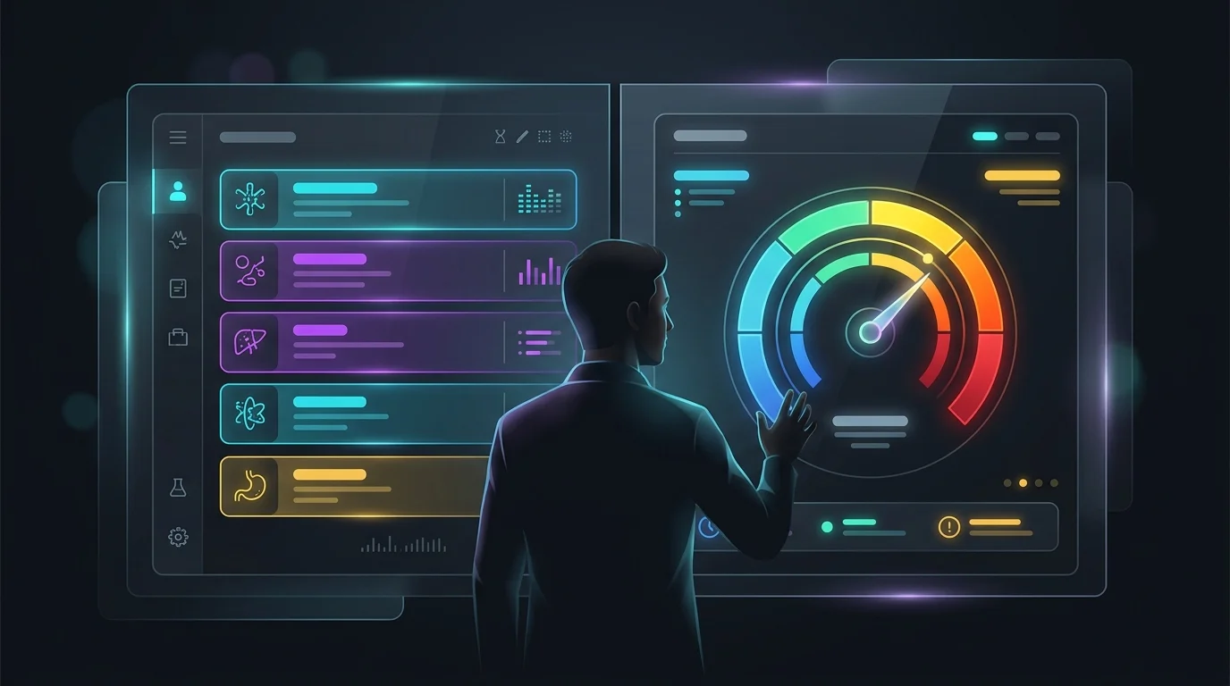 Person reviewing AI symptom checker data showing diagnostic lists and triage urgency levels.