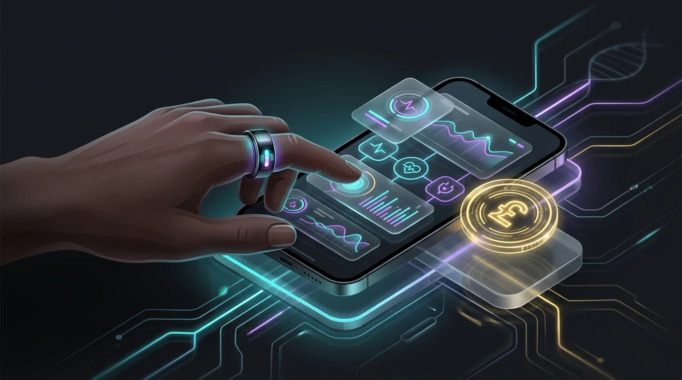 Sleek smart ring reaching for a health dashboard on a smartphone, highlighting the one-time cost of the device.