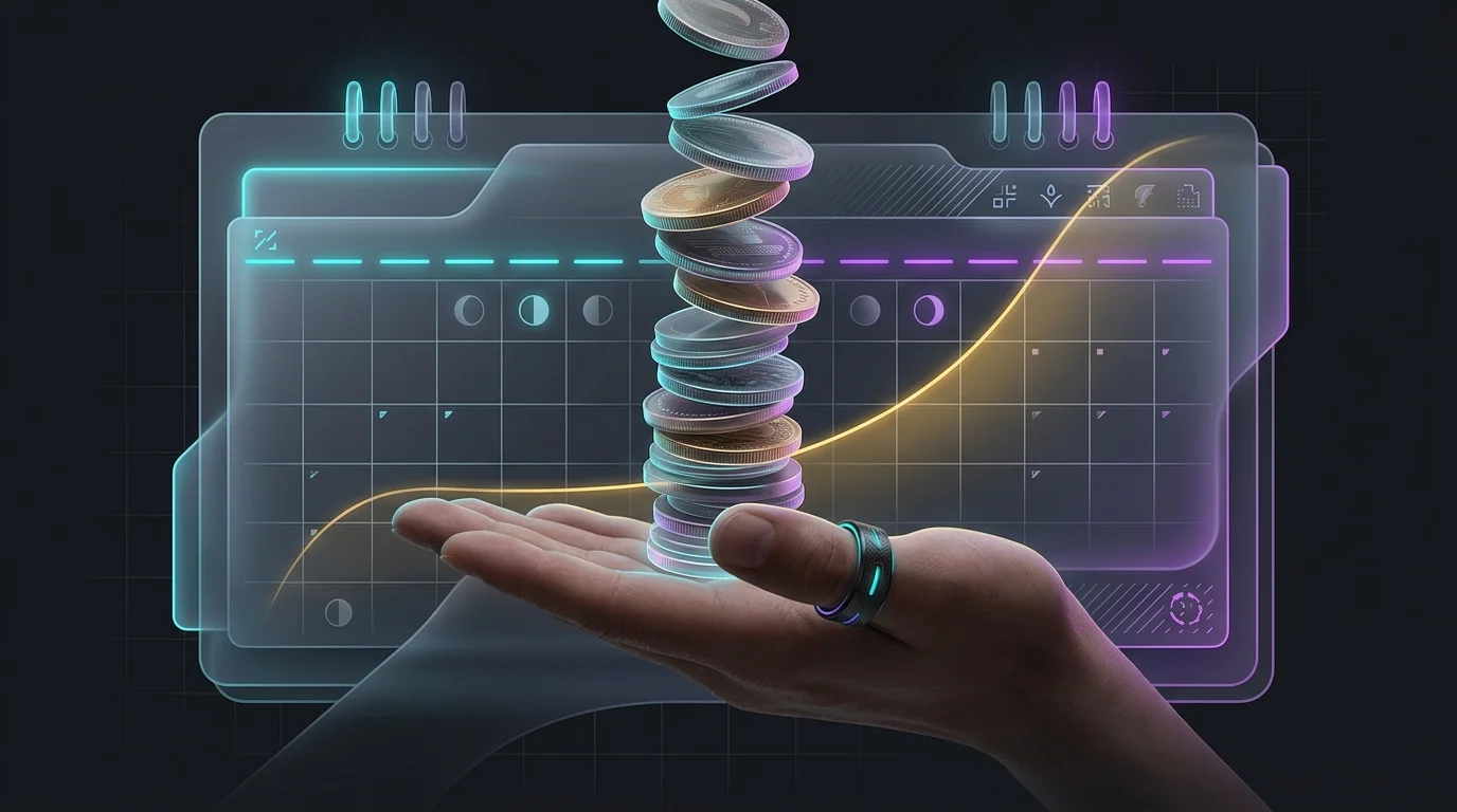 Smart ring on a hand balancing a growing stack of coins over a two-year calendar to illustrate total cost of ownership.