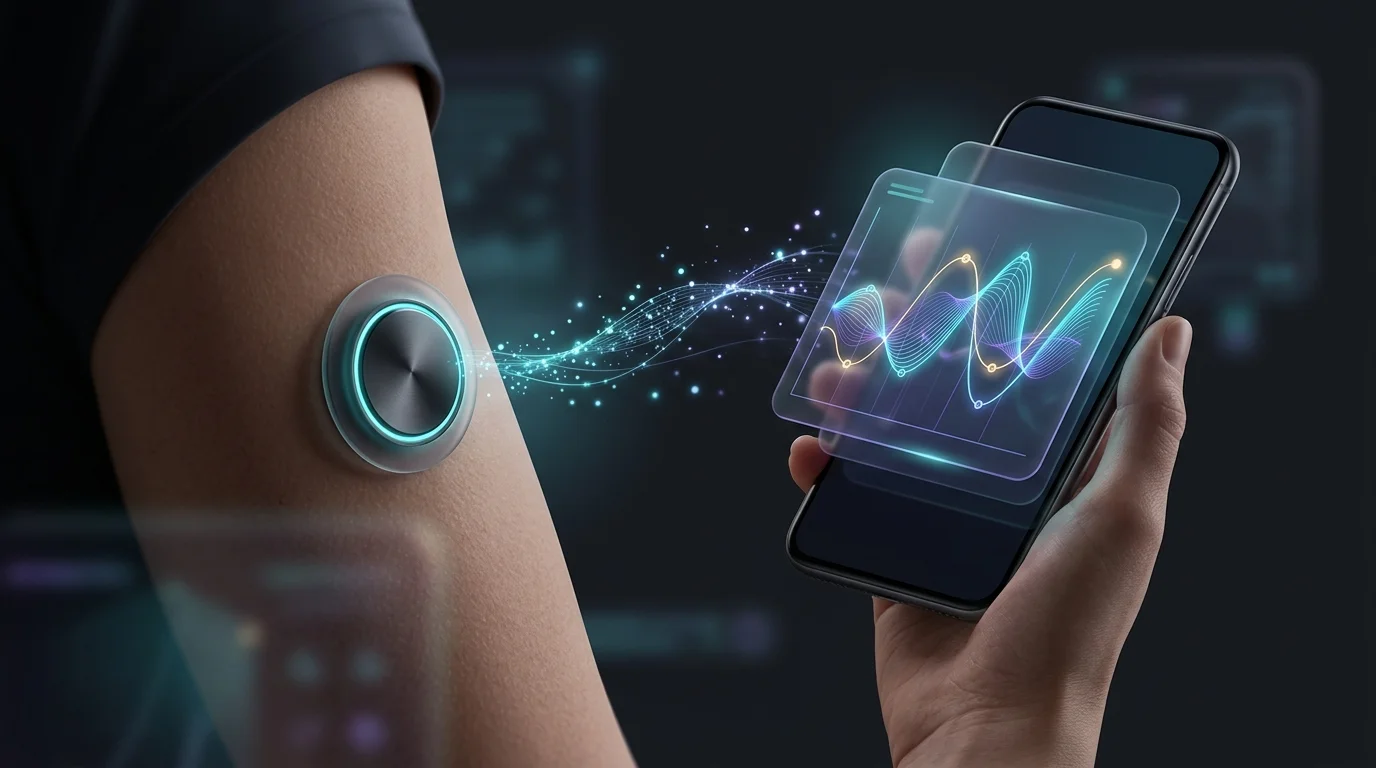 Small sensor on an arm wirelessly transmitting real-time glucose data to a smartphone app.