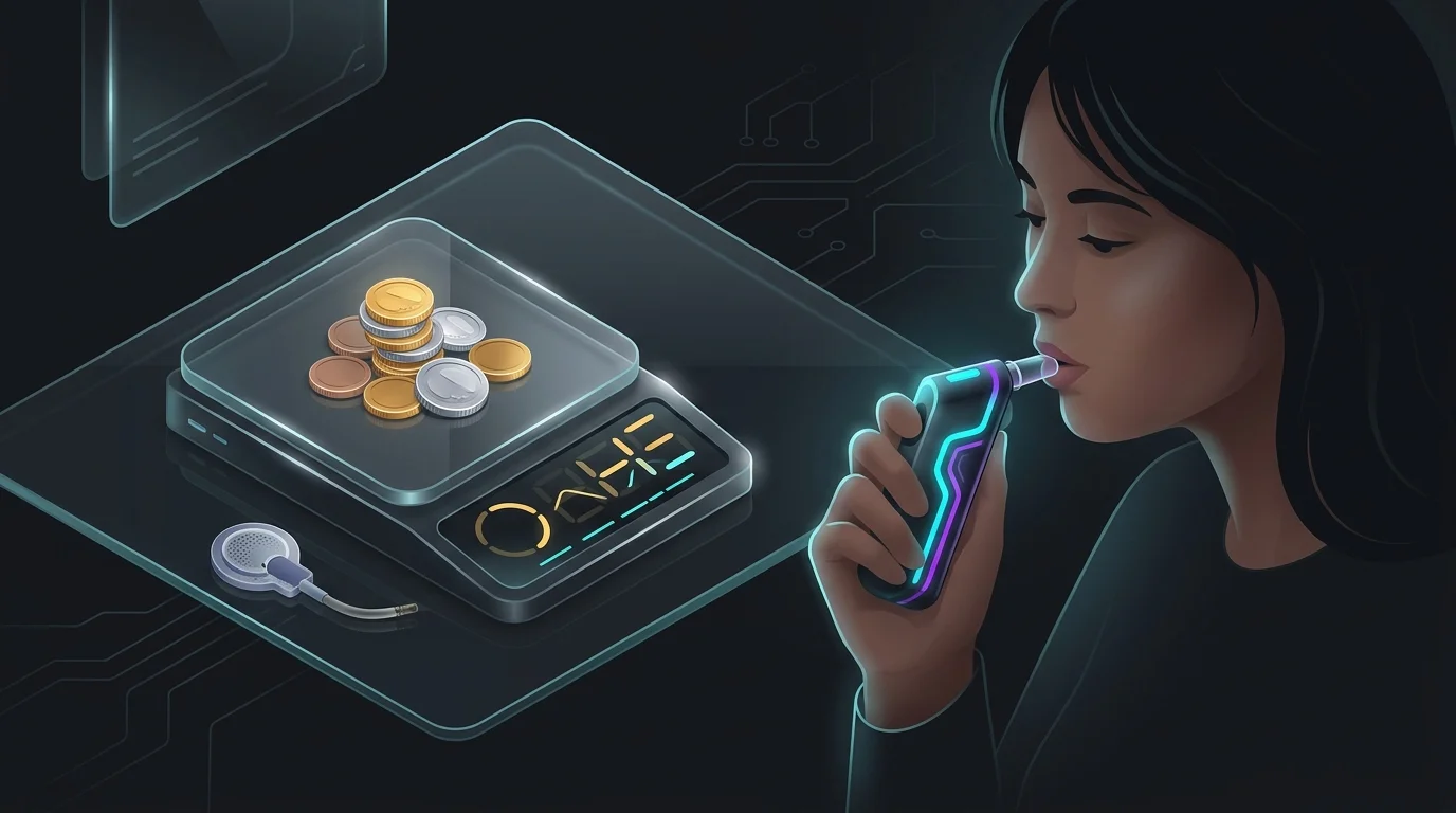 Person holding a Lumen breath analyzer next to a pile of coins and a discarded CGM sensor to illustrate cost savings.