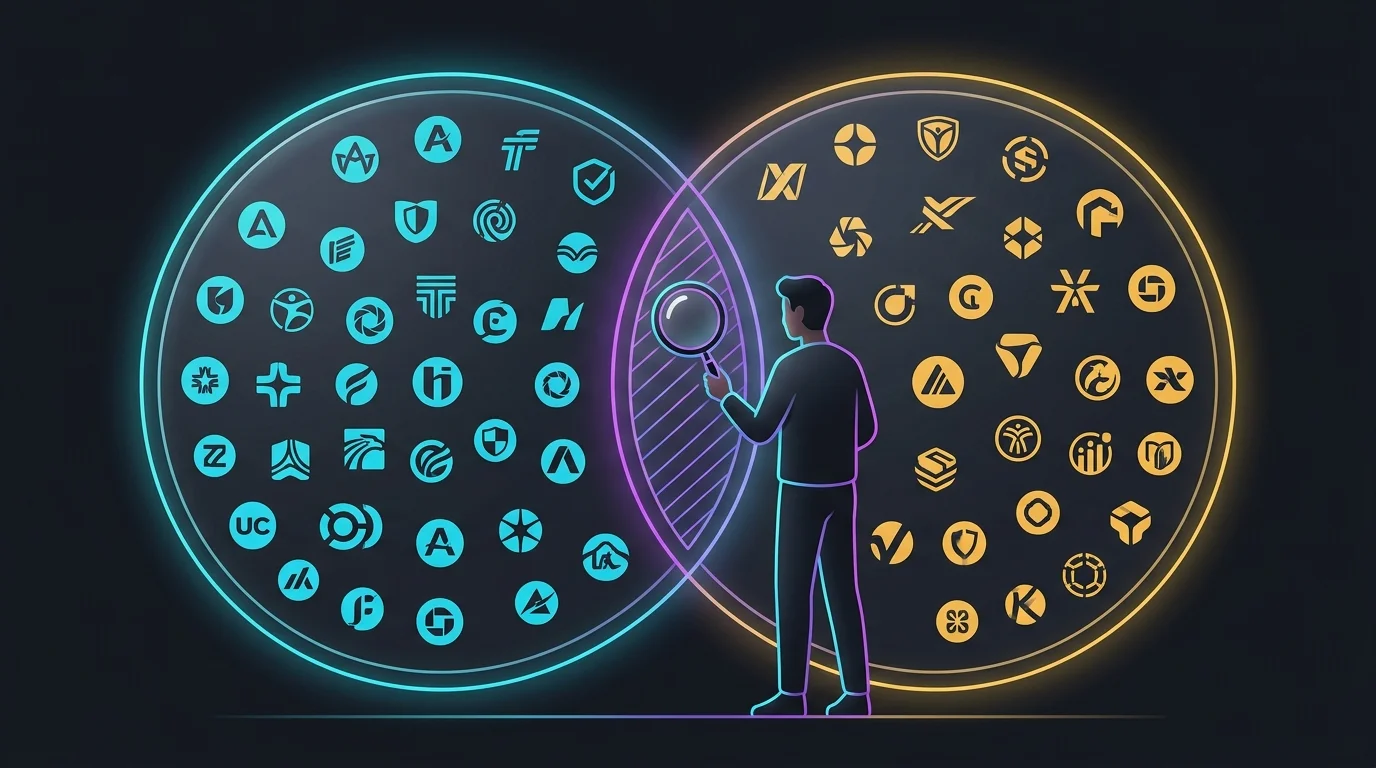 Person using a magnifying glass to compare insurance company logos within overlapping AI car insurance carrier networks.