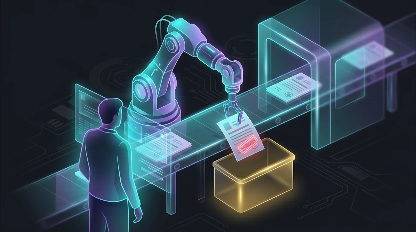 Robotic arm rejecting an insurance application file due to automated underwriting data flags.