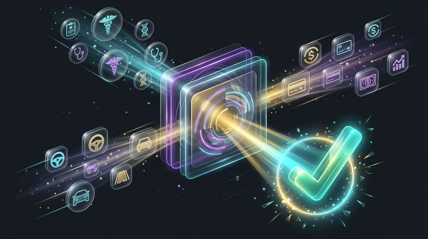 Digital data processing icons merging into an insurance approval checkmark for accelerated life insurance underwriting.