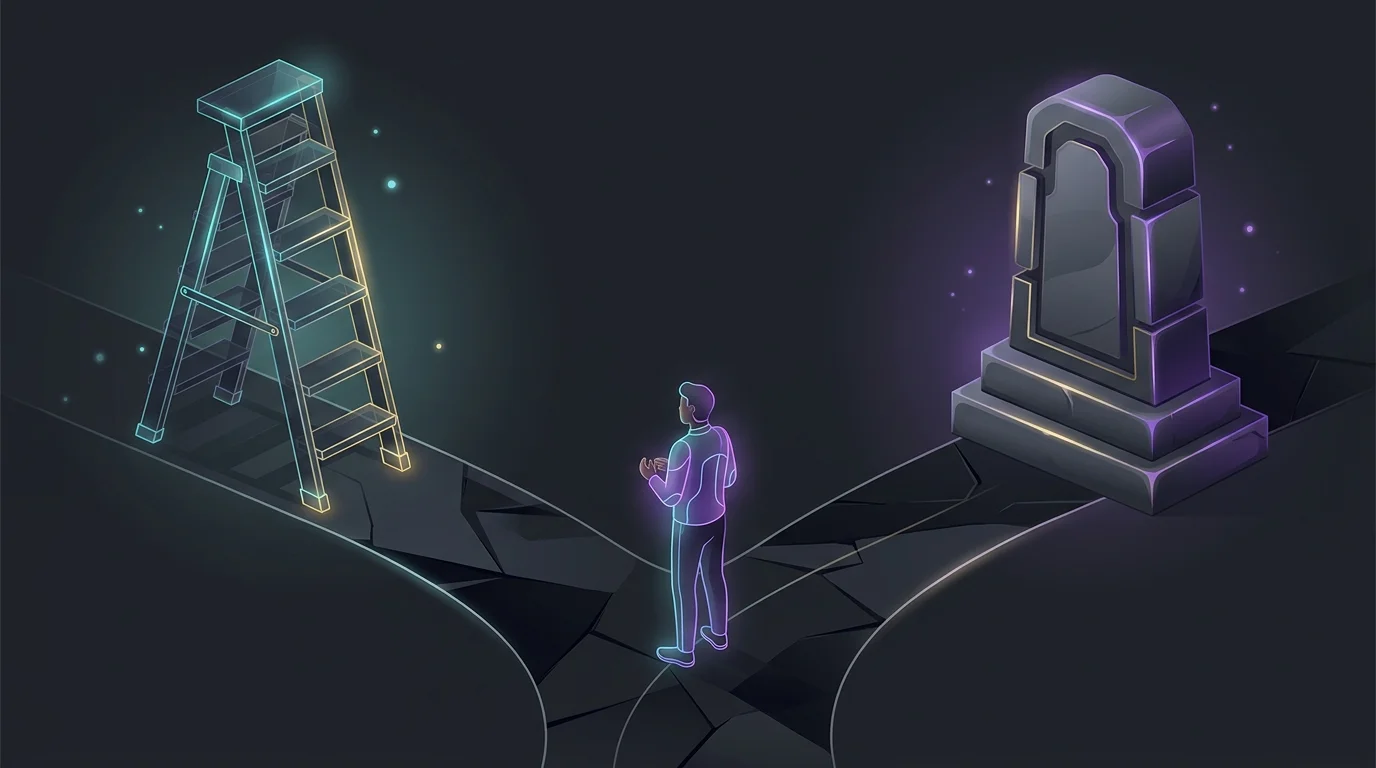 Person choosing between an adjustable ladder and a stone monument for life insurance planning.
