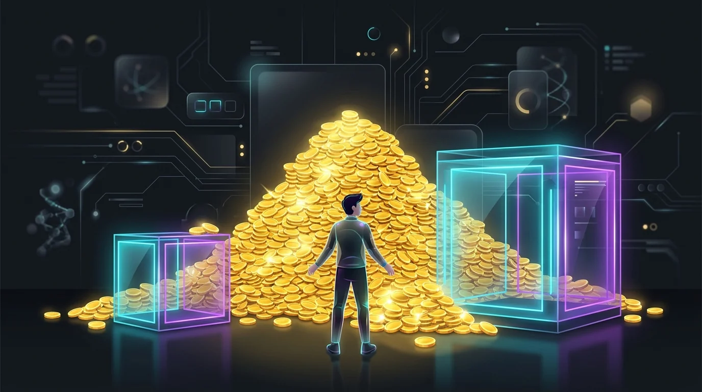 Person standing between small insurance boxes unable to hold a large pile of gold coins representing high coverage needs.