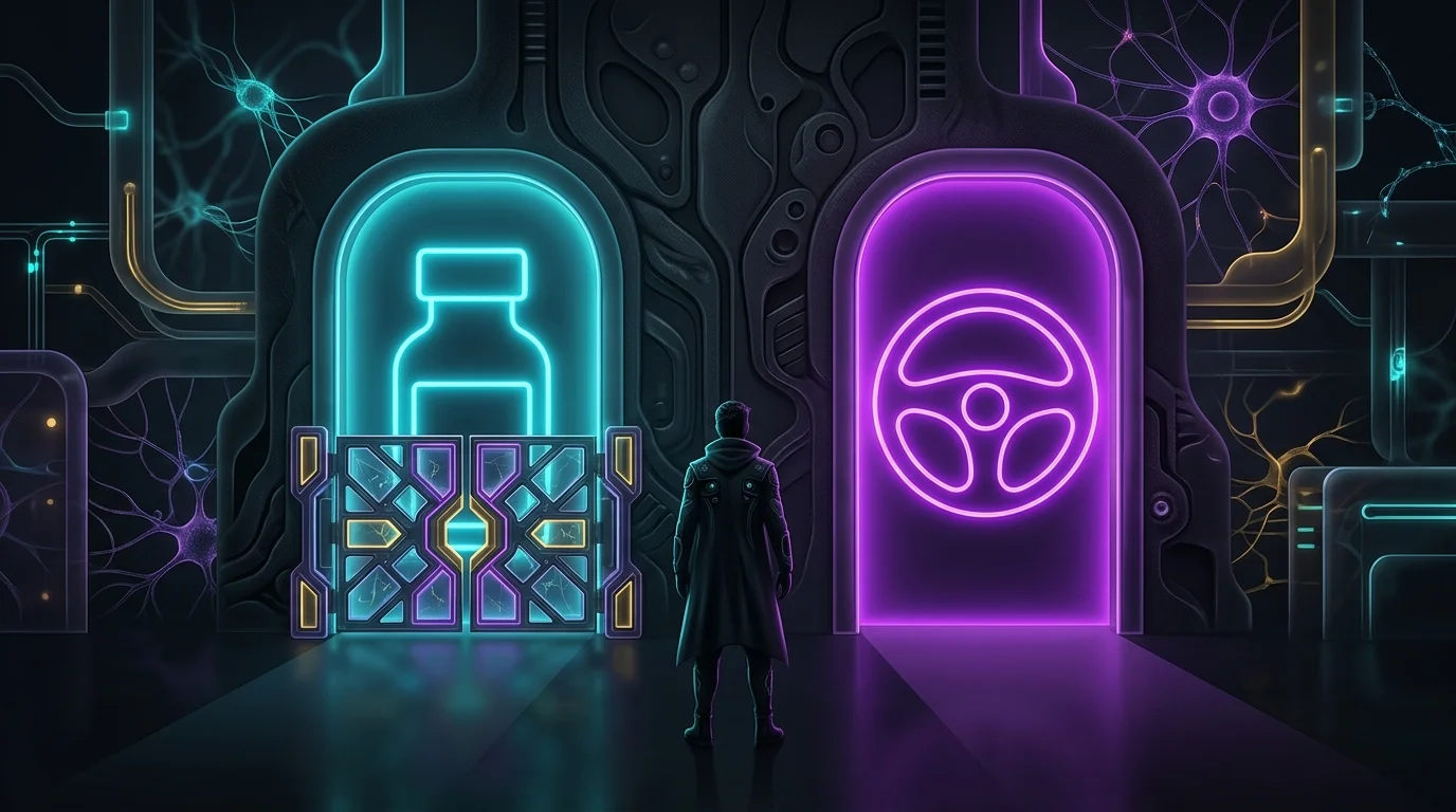 Person facing a blocked path at a medicine bottle doorway, illustrating Ethos life insurance underwriting challenges.