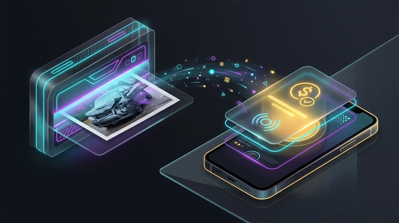 Digital scanner processing a damaged car photo into an instant Clearcover claims payment notification.