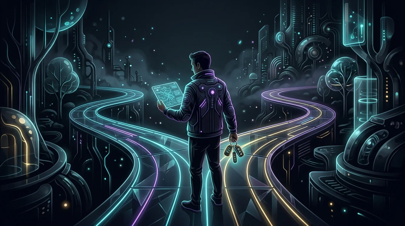 Person at a crossroads holding a tablet and car keys representing Clearcover and Root insurance trade-offs.