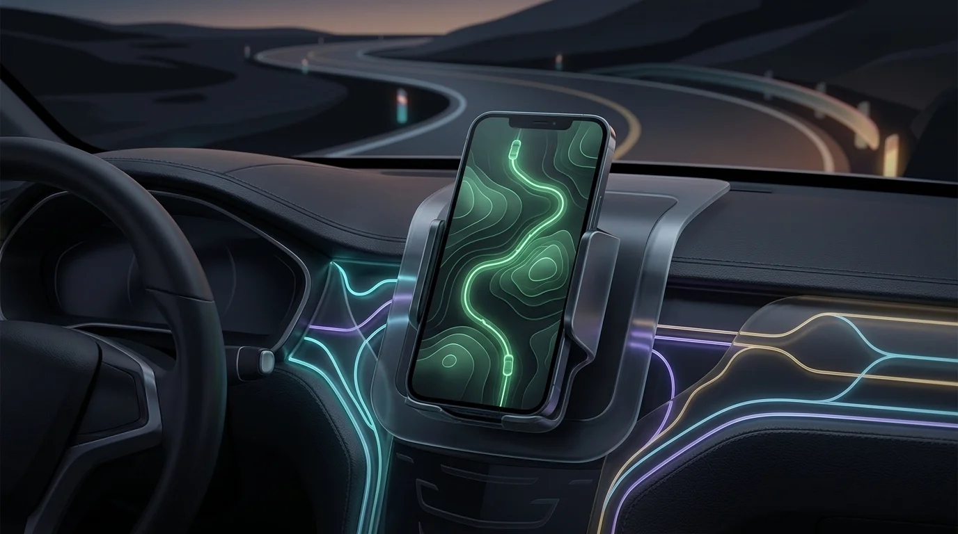 Smartphone mounted on a dashboard showing a green telematics graph to calculate personalized auto insurance rates.