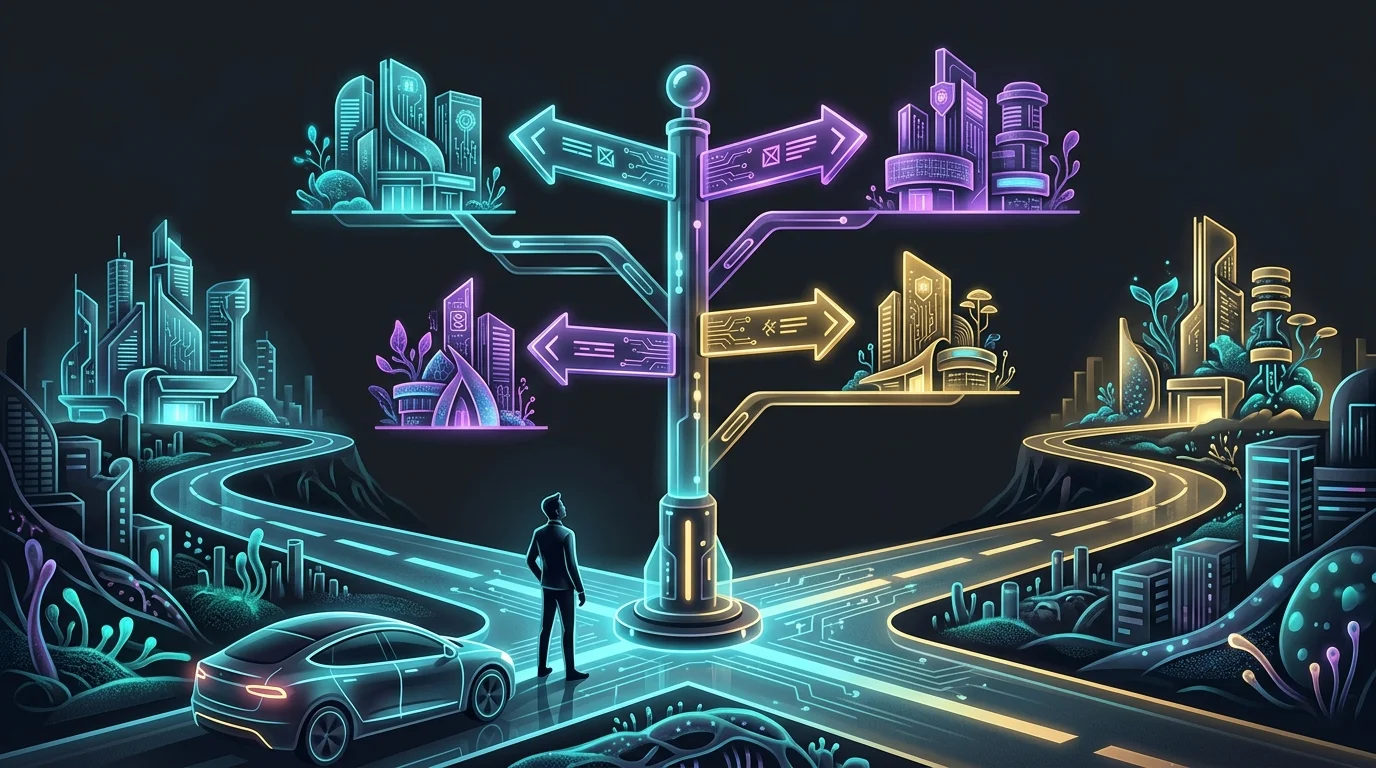 Driver at a crossroads choosing between different car insurance agencies for better coverage rates.