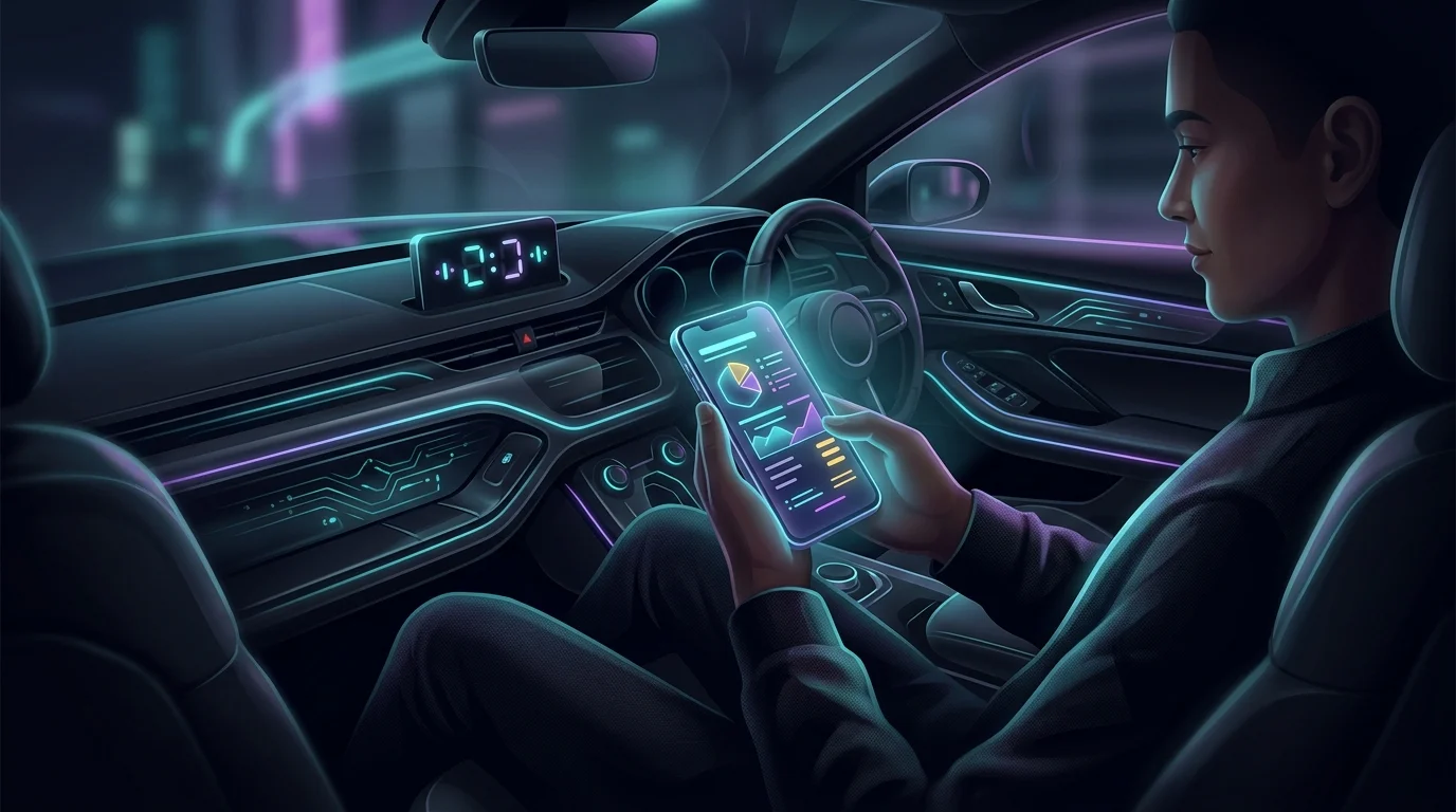 Person viewing a fast Clearcover insurance quote on a smartphone in a car to highlight AI telematics alternatives.