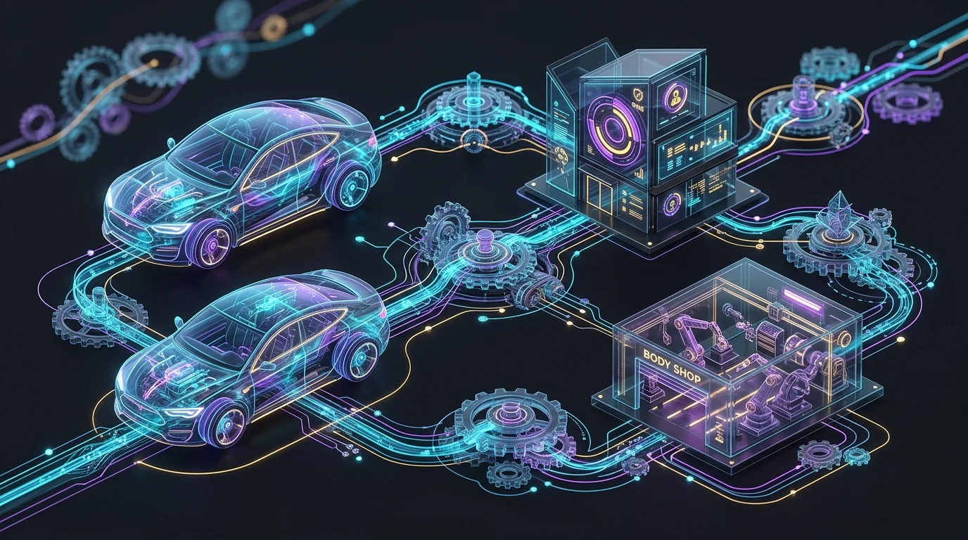 Digital network of interconnected gears and data lines linking a car, insurance office, and repair shop for AI estimating.