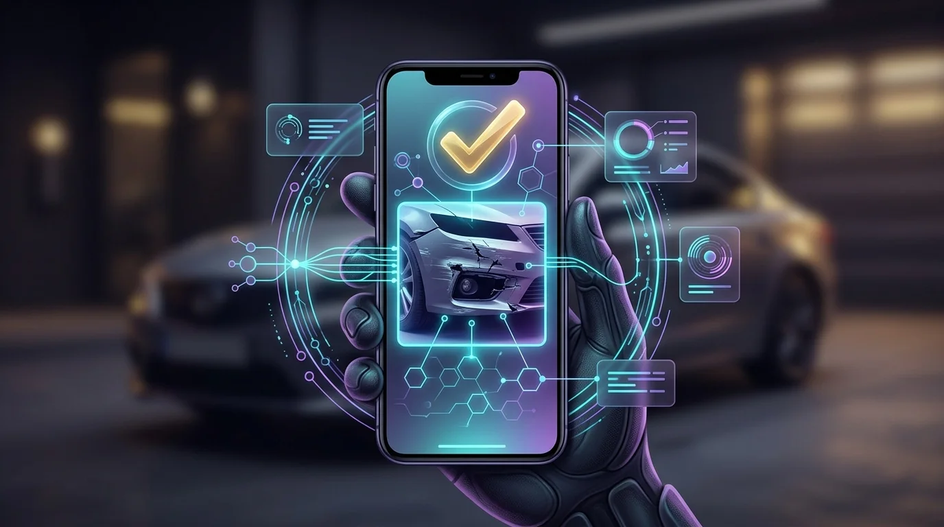 Smartphone screen showing automated car damage assessment and claim payment processing for efficient virtual workflows.