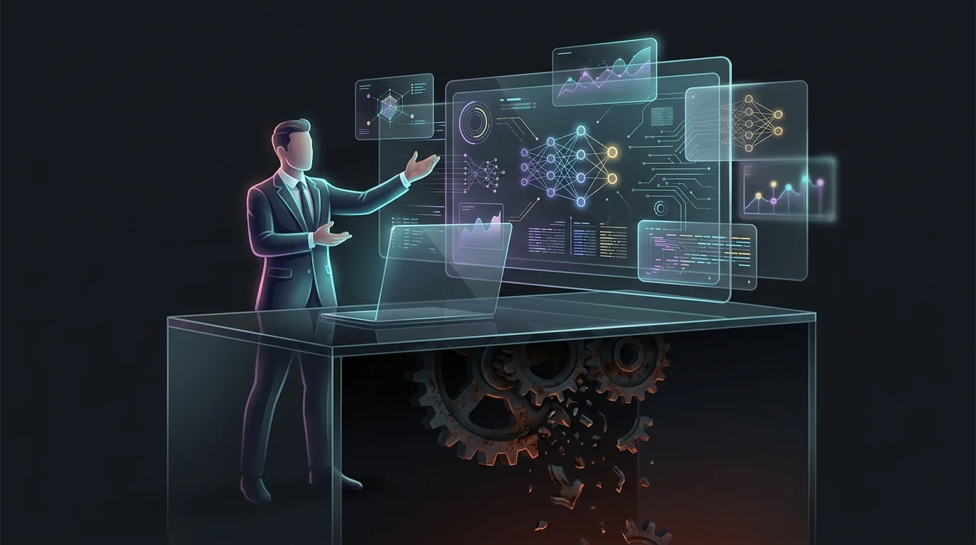 Salesperson presenting a polished AI claims dashboard while hidden gears grind, illustrating software maintenance needs.