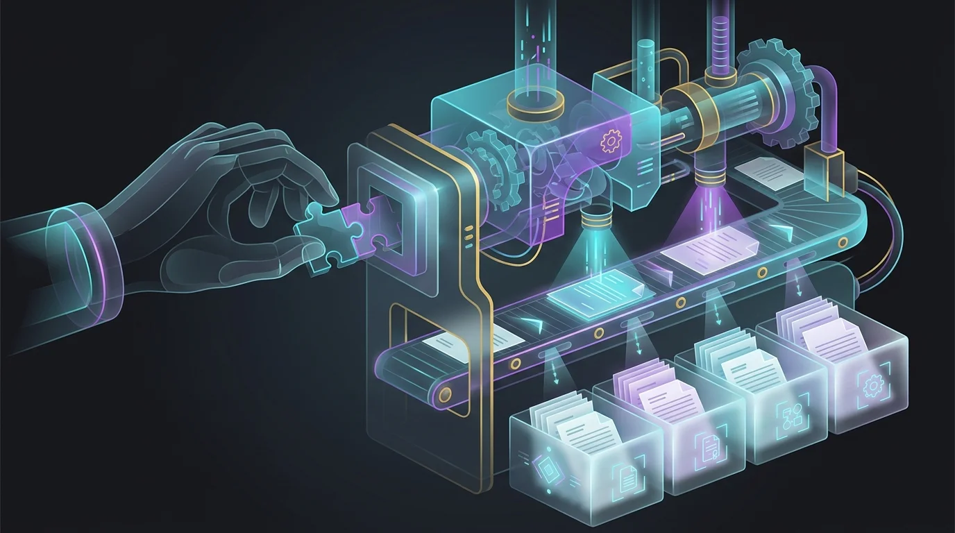 Hand placing a puzzle piece into a machine that sorts insurance documents for Bold Penguin market access.