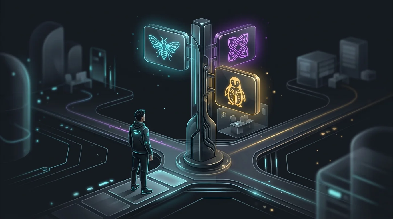 Insurance agent choosing between Tarmika, Semsee, and Bold Penguin at a signpost to optimize their carrier workflow.