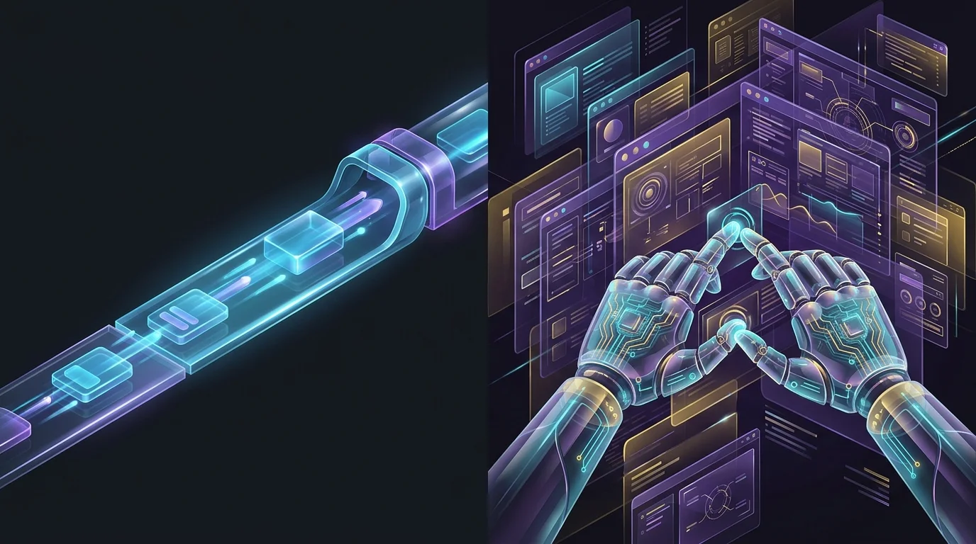 Split-screen illustration comparing direct API integration to robotic web navigation for AI comparative raters.