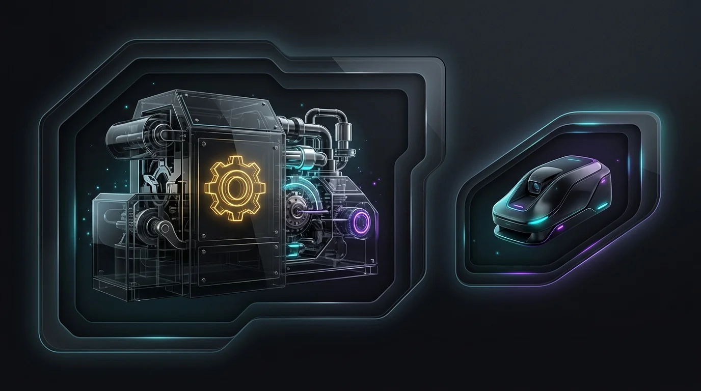 Industrial machine and digital scanner fitting into matching cutouts to represent selecting the right AI fraud tool.