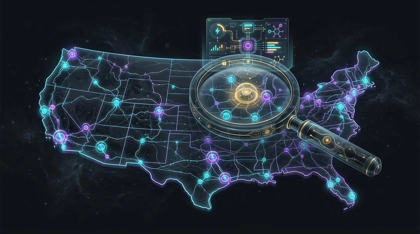 Digital map of US repair shops with magnifying glass highlighting a fraud detection estimate for auto insurance.
