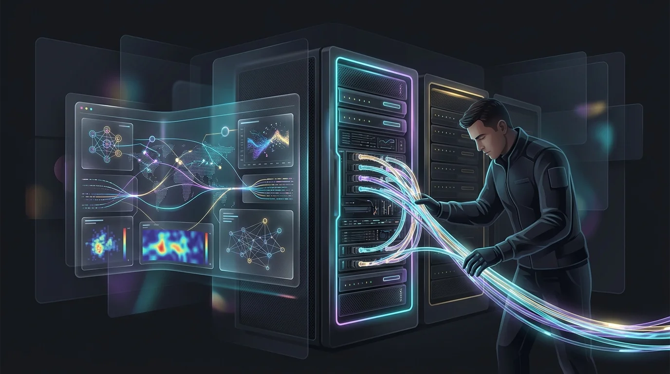 Technician connecting complex data cables between an insurance server and an AI fraud detection platform.