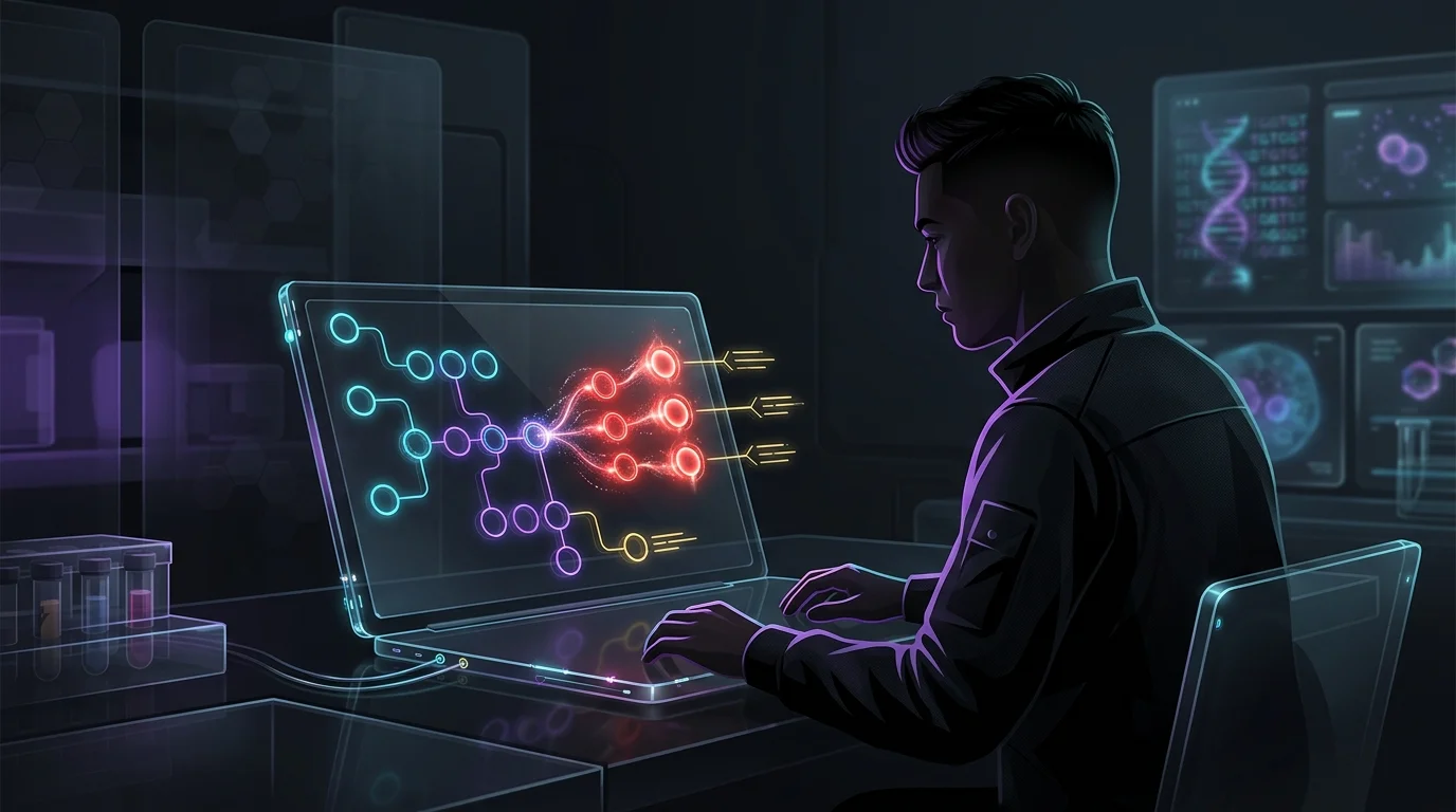 Person using a laptop to view an algorithmic flowchart showing a successful AI life insurance application process.