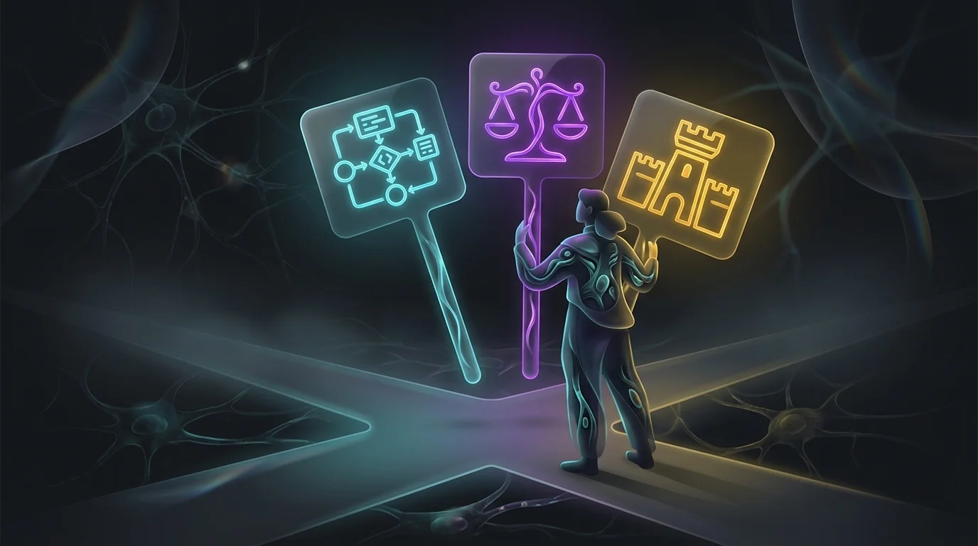 Person standing at a crossroads evaluating Bestow and other AI no-exam life insurance alternatives via signposts.