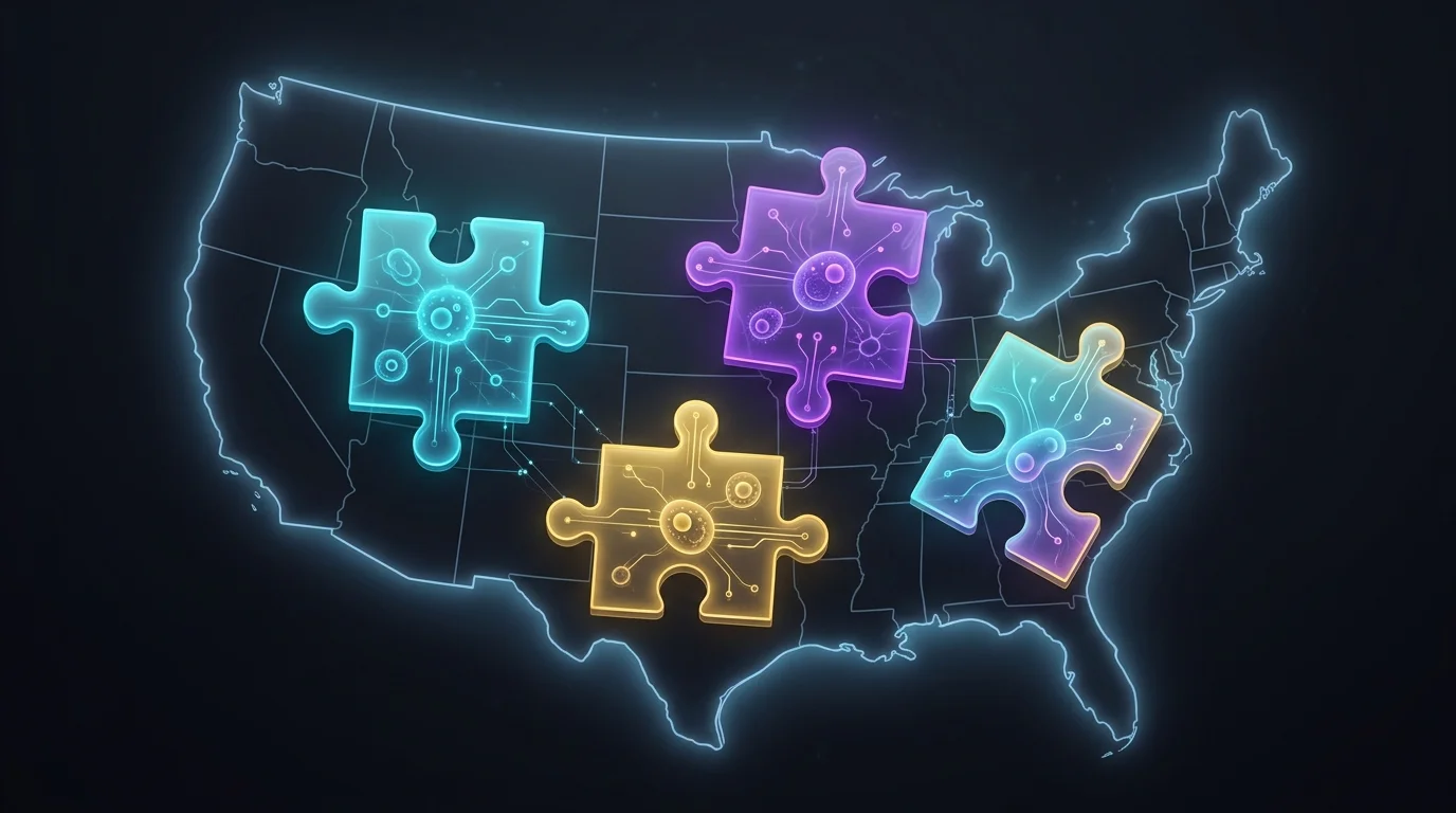 US map with mismatched puzzle pieces representing varied state regulations for no-exam life insurance coverage.