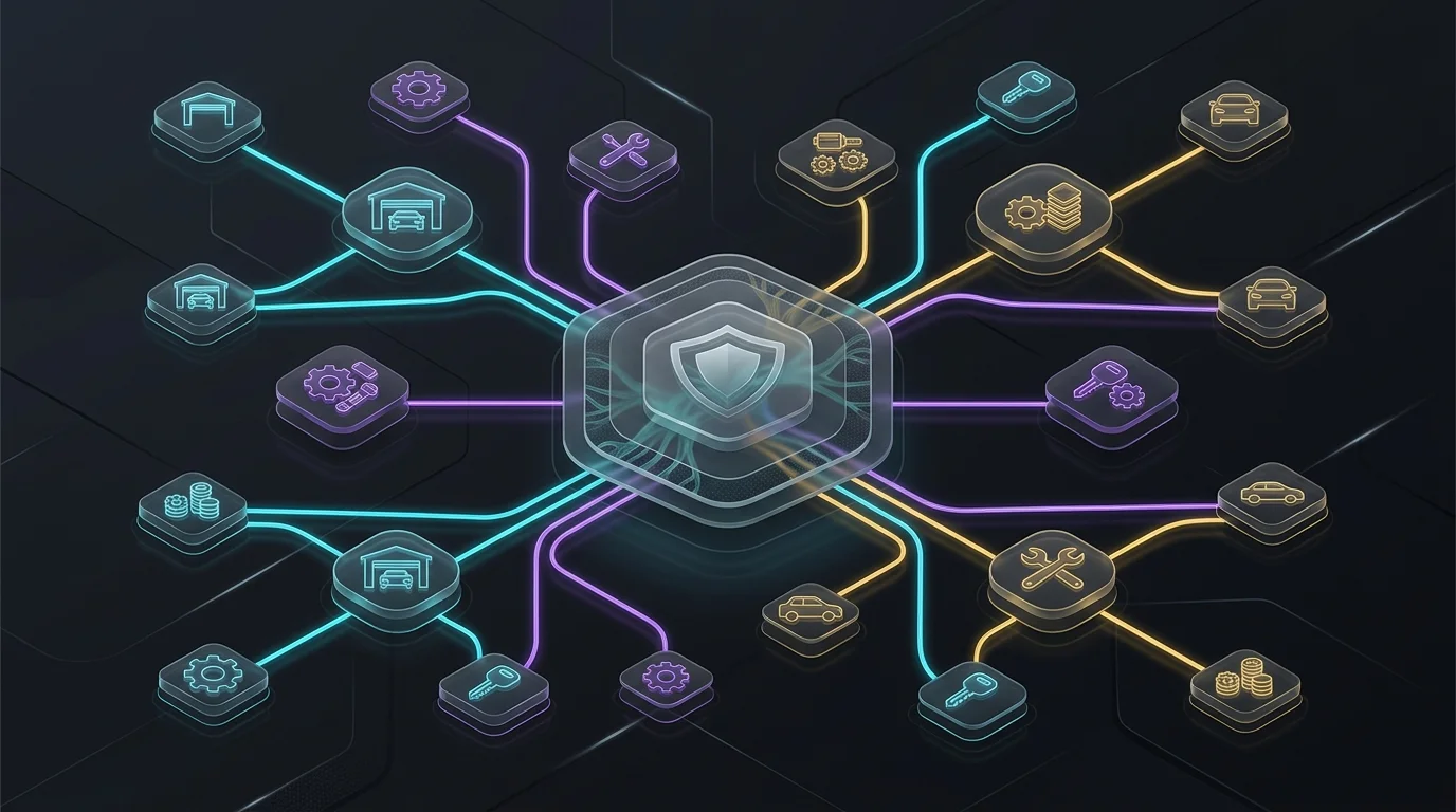 Digital network map showing CCC Intelligent Solutions connecting insurers, body shops, and suppliers for AI claims.