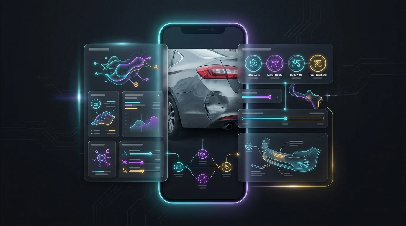 Smartphone screen showing a digital repair estimate generated by AI claims automation software for a dented car bumper.